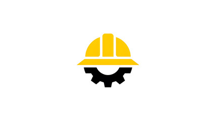 Fototapeta premium A yellow hard hat and black gear icon on a white background