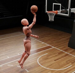 3D Mannequin Basketball Player Jump Shot, Wooden Court Floor Hoop, Sport Game Action, Dynamic Motion Athlete, Competition Active Play, Stadium Arena Match, Flying Dunk, Leisure Hobby