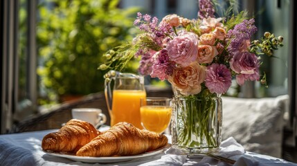 Croissants and orange juice on an outdoor table for morning breakfast