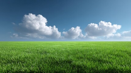 Obraz premium Vast Open Field of Green Grass Under Bright Blue Sky with Fluffy White Clouds on a Sunny Day, Perfect for Nature and Landscape Themes