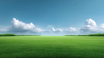 Fototapeta premium Serene Expansive Green Field Under Bright Blue Sky with Fluffy Clouds in a Peaceful Natural Landscape Scene
