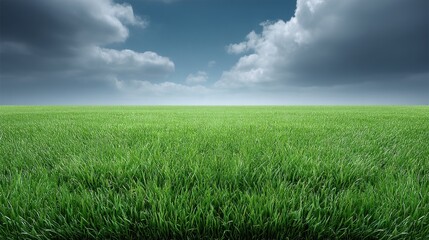 Obraz premium Lush Green Grass Field Under Dramatic Clouds with Bright Sky in the Background Showing Clear Horizon and Vibrant Nature Scene