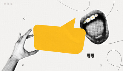 Naklejka premium Trendy Halftone Collage Hand holding empty speech bubble message. Social media promotion and marketing. Screaming mouth. Comic chat frame or border. Contemporary vector illustration art