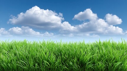 Fototapeta premium Lush Green Grass Under a Bright Blue Sky with Fluffy White Clouds and a Sense of Tranquility Perfect for Nature and Outdoor Themes