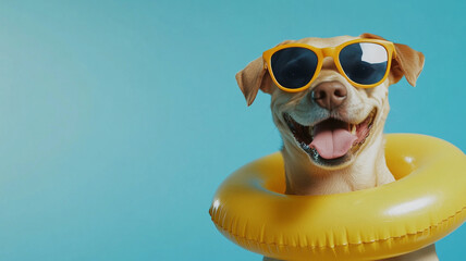 Happy dog with sunglasses and a yellow inflatable ring at the sea.