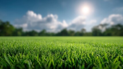 Obraz premium Lush Green Grass Field Under Bright Blue Sky with Clouds and Sunlight Shining Down on Nature Landscape in a Summer Afternoon Atmosphere