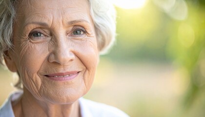 Happy Senior Woman Smiling with Copy Space, Healthy Retirement Lifestyle Concept for Banner and Advertising