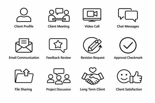 Minimal line icon set illustrating client communication and project workflow, including profile, meeting, video call, chat, email, feedback, approvals