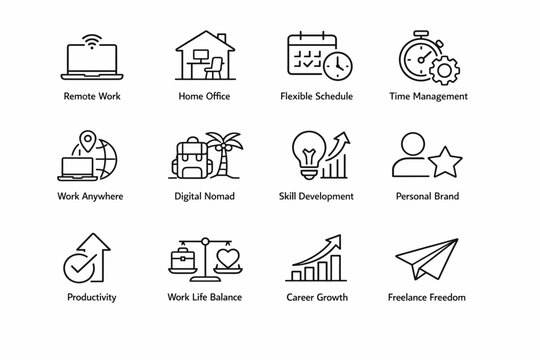 Minimal line icon set illustrating remote work lifestyle concepts, including home office, flexible schedule, productivity, career growth, and freelancing