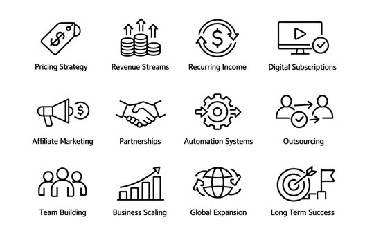 Minimal line icons illustrating business growth strategies including pricing, revenue streams, recurring income, subscriptions, partnerships and scaling