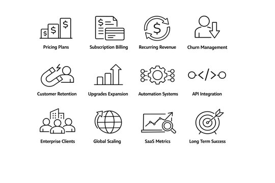 Minimal line icons illustrating SaaS business concepts including pricing plans, subscription billing, recurring revenue, churn management, and growth metrics