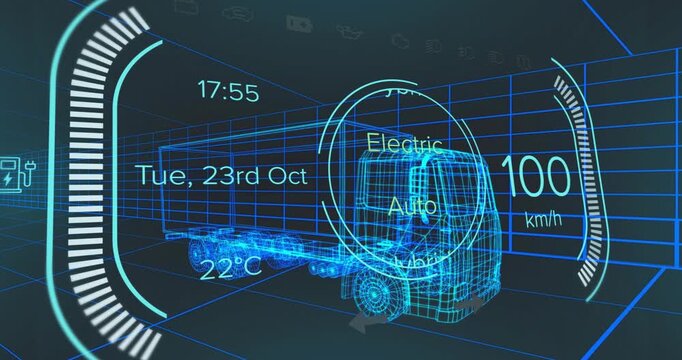 3D wireframe semi-truck model showcasing floating digital HUD interfaces in neon cyan grid space