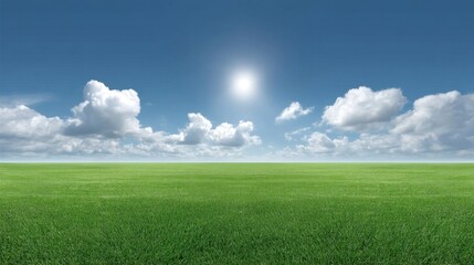 Bright Sunny Day over Lush Green Grass Field with Clear Blue Sky and Fluffy White Clouds in Background, Perfect Nature Landscape Scene