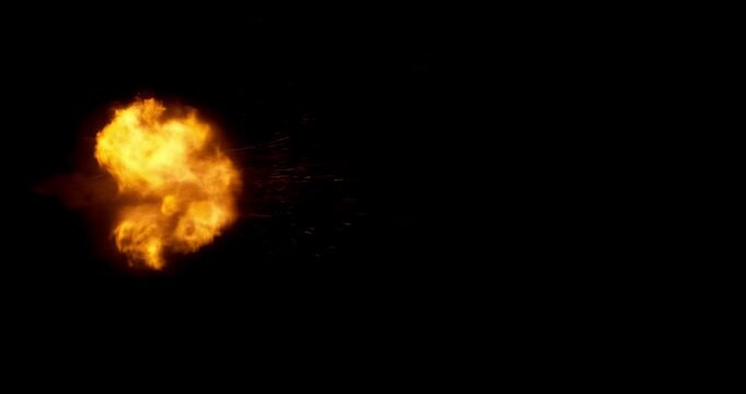 Rapid burst of multiple gun muzzle explosions front view, isolated on black background, real-time speed. Bright fire flashes, sparks and smoke, perfect for VFX compositing.