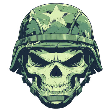 Illustration of a menacing skull wearing a distressed green military helmet with a star emblem, in a graphic, edgy style.