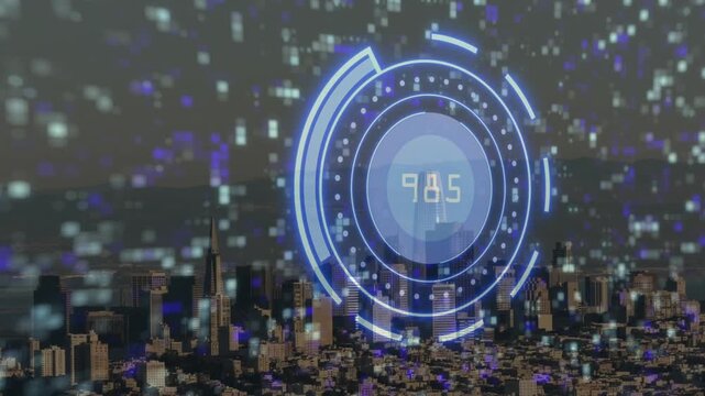 HUD graphic fading in over city skyline, pixels drifting numeric display fluctuating showing data