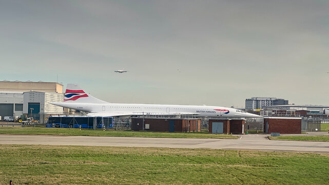 London Heathrow Airport, Hounslow, Middlesex, London, UK, 08.01.2024: British Airways Concorde Supersonic mothballed at Heathrow International airport