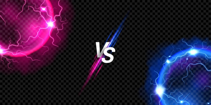 Dramatic collision of energy thunderbolt balls. Verses concept with 3D glowing spheres with lightning electric strikes. VS banner for game decoration. Blue and pink neon balls radiate hot plasma.