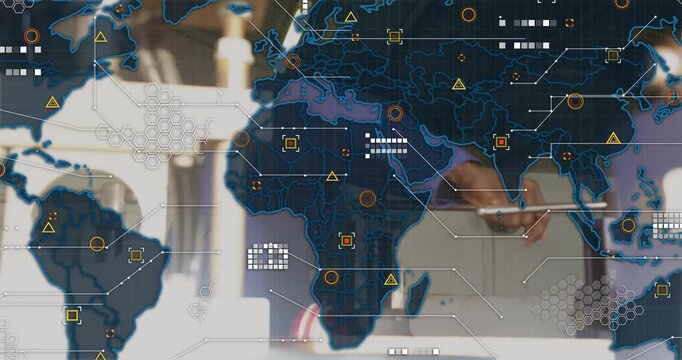 World map fading starting technician aligning metal, pulling lever, visualizing global datastream