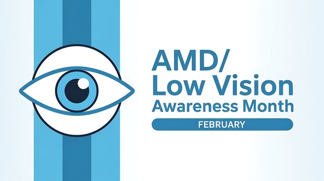 AMD low vision awareness month illustration with eye symbol and blue stripes, healthcare concept for macular degeneration month in February