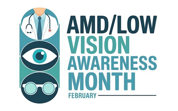Doctor symbol, eye symbol and glasses symbol with text for AMD low vision awareness month in February, healthcare awareness