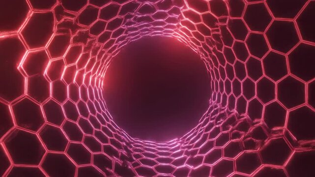 Seamless animation of a pulsing geometric hexagonal lattice pattern in glowing scarlet and magenta providing a clean central communication space seamless animation, looping, geometric
