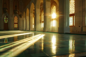 Mosque interior with sunlight creating patterns on floor