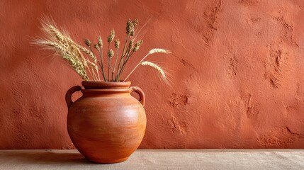 Naklejka premium Rustic clay vase with dried wheat and wildflowers against textured terracotta wall backdrop