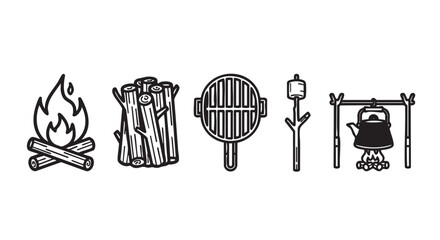 Naklejka premium Monochrome line art depicts campfire, firewood, grill, marshmallow, and kettle for camping and cooking related themes in minimalist style.