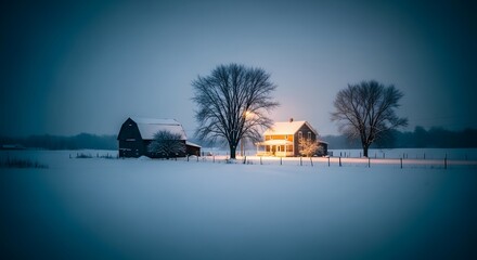 Obraz premium Snow-covered rural farmhouse and barn illuminated at dusk