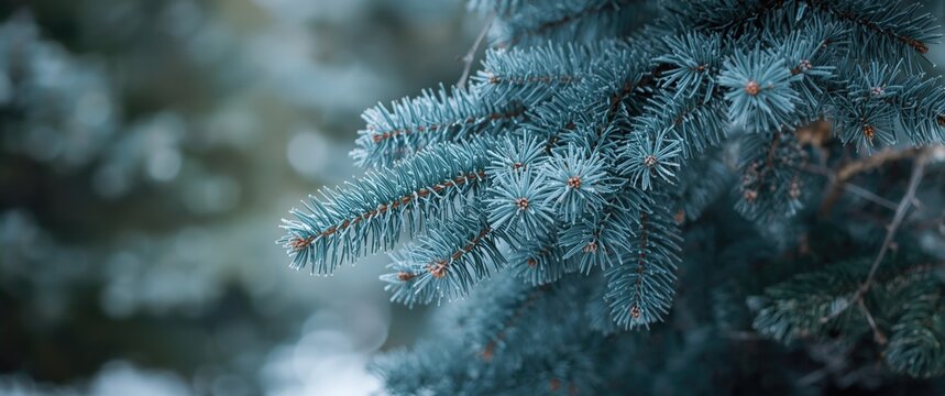 Christmas-themed Blue spruce branches against a fir-tree background, highlighting winter, forest, and nature elements in white, green, and blue