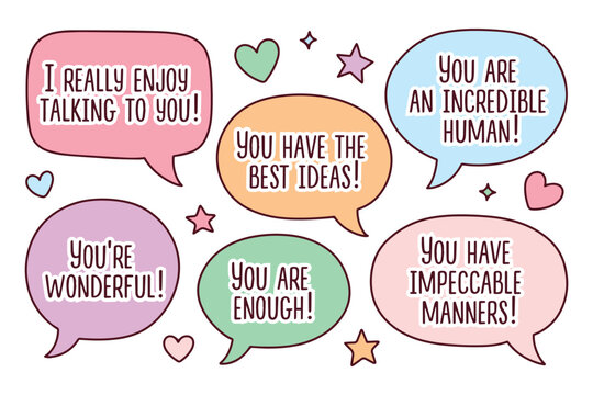 A collection of six vibrant speech bubbles containing kind words and compliments. Perfect for celebrating World Compliment Day on March first to spread kindness and positive vibes.