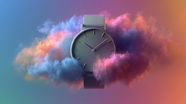 Colorful clouds surround a modern watch in a surreal display of time and nature's beauty