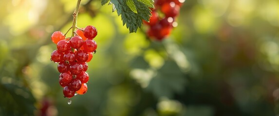 Background of Red Currants Fruits with Food, Summer, Nature, and Green Leaves