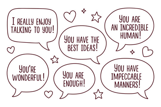 Educational coloring page featuring six speech bubbles with positive compliments. A great activity for children and adults to learn about kindness and appreciation for World Compliment Day.