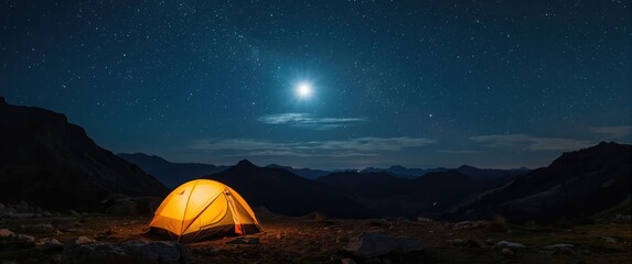 Fototapeta premium A glowing tent set against a star-filled sky with radiant moonlight in a calm mountainous landscape