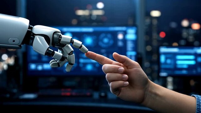 Human and Robot Hand Touching in Futuristic High-Tech Laboratory