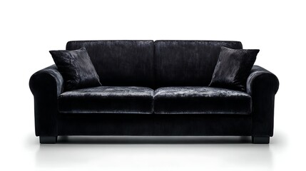 Fototapeta premium Black velvet sofa with two cushions on white background