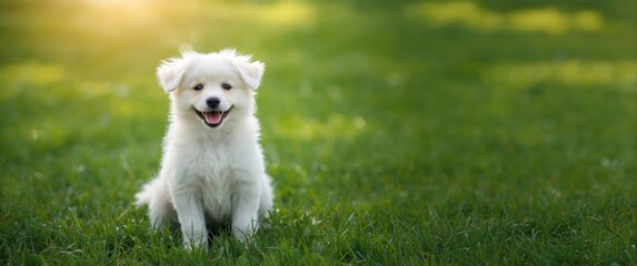 Cute dog captured from the front amidst summer scenery, grass, and natural surroundings