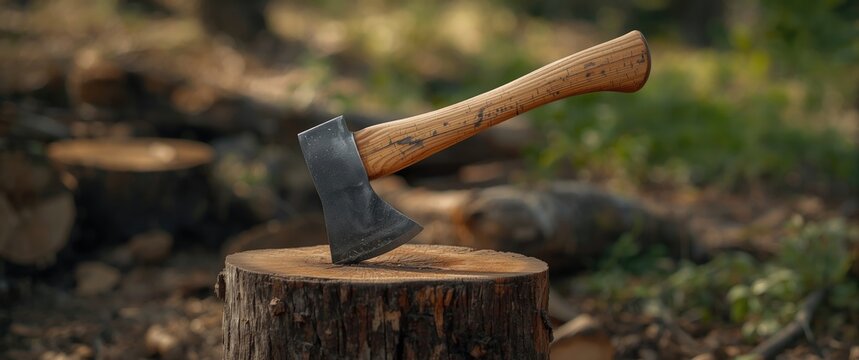 Old sturdy axe stuck in a log