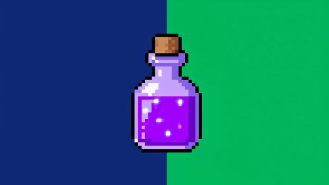 Animated pixel art potion bottle on a vibrant background. Represents magic, fantasy, and gaming elements in creative projects