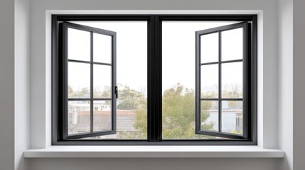 Fototapeta premium Open black-framed window overlooking green trees and urban rooftops on a clear day
