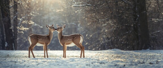 Naklejka premium In a Toronto ravine backyard, Two White Tailed Doe deer sharing a kiss during winter