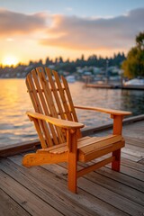 Fototapeta premium Tranquil sunset over lakeside with wooden adirondack chair on pier reflecting warm orange glow
