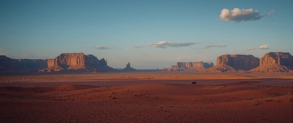 Obraz premium Wide-angle view of rocky mountains with red sand backdrop in desert environment, travel, nature, landscape, animals, mountain scenery, red hues, sandy terrain, desert landscape