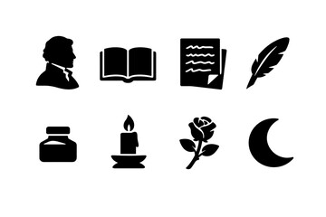 Black silhouette icons of writer tools and literary symbols including profile portrait, open book, manuscript, quill, ink bottle, candle, rose, moon © Alex