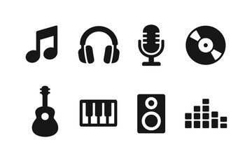 Minimal black music icons set featuring note, headphones, microphone, disc, guitar, keyboard, speaker and equalizer symbols on white background