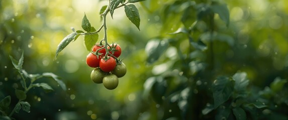 Close-up of ripe red and green unripe tomatoes on one stem with selective focus and blurred plant backdrop