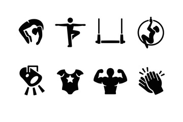 Set of black fitness and sports silhouette icons showing stretching, balance pose, parallel bars exercise, aerial hoop, weightlifting, and clapping hands © Alex