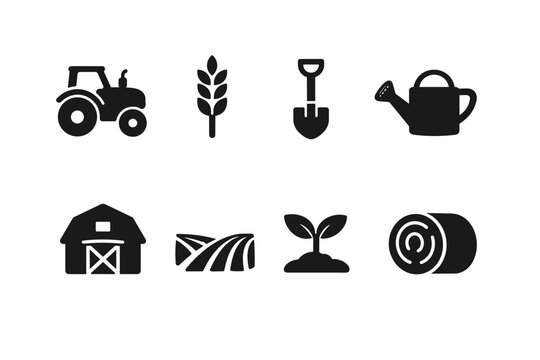 Set of black farming and gardening icons including tractor, wheat, shovel, watering can, barn, fields, seedling, and hay bale silhouettes
